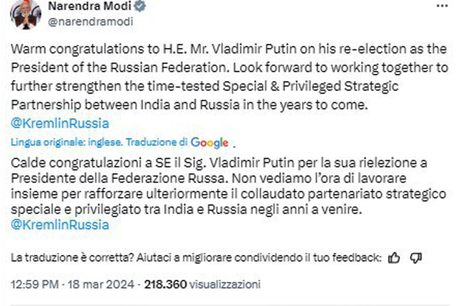 Modi si congratula con Putin sui social: 'Rafforzare partenariato'