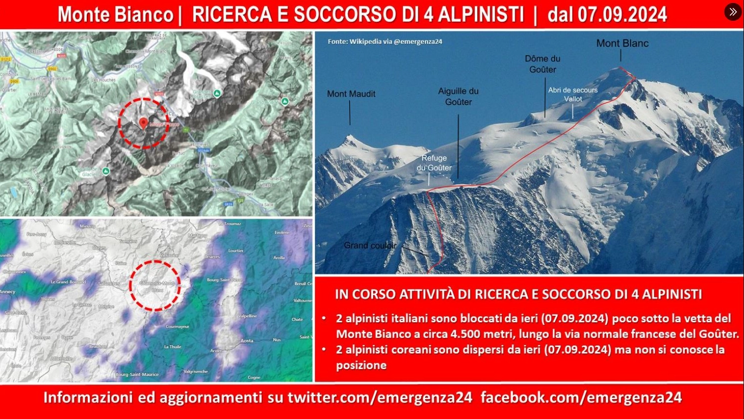 La zona del Monte Bianco dove sono in corso le attività di ricerca e soccorso dei quattro alpinisti (Foto X Emergenza24)